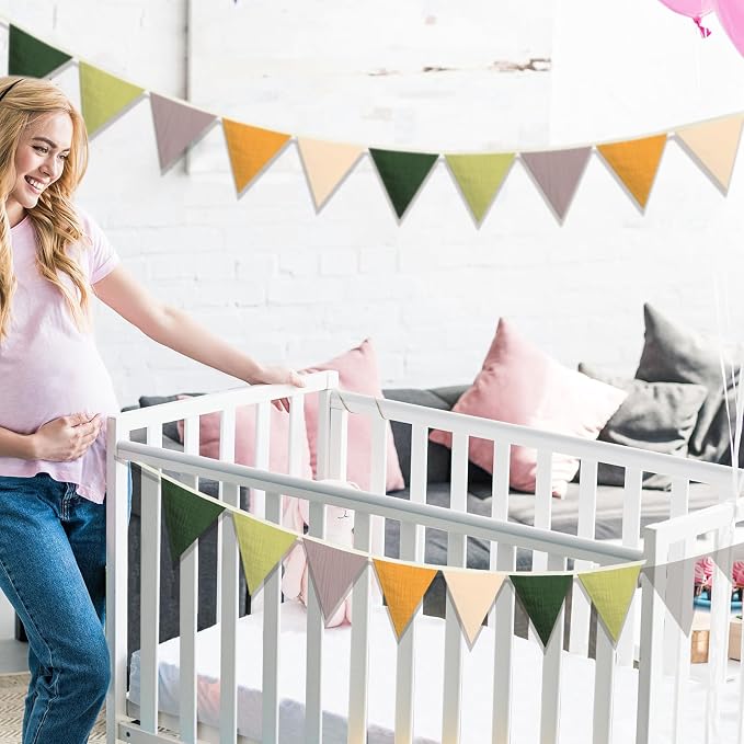 Oudain 2 Pcs Pennant Banner Flags Nursery Garland Triangle Bunting Flags Playroom Wall Decor Banner for Nursery Baby Shower Birthday Boho Wedding Party Event, Each 7.75 ft(Green Color)