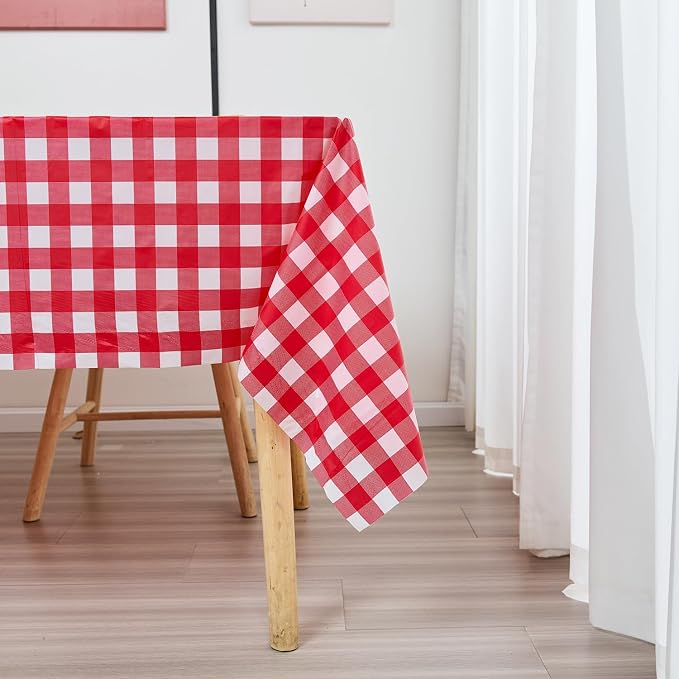 Plastic Tablecloth Roll – 54" x 100' Plastic Tablecloths for Parties Disposable with Cutter Box - Cut to Size Disposable Tablecloth for Rectangle & Round (Gingham-Red)