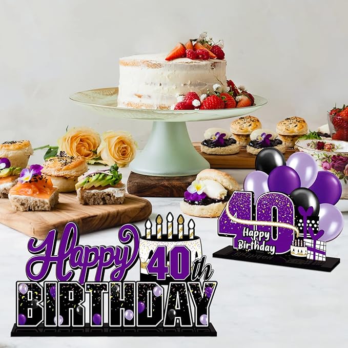 LINGTEER Happy 40th Birthday Purple Acrylic Table Topper Centerpieces Set - Cheers to Forty Years Old Birthday 40th Bday Party Gift Decorations.