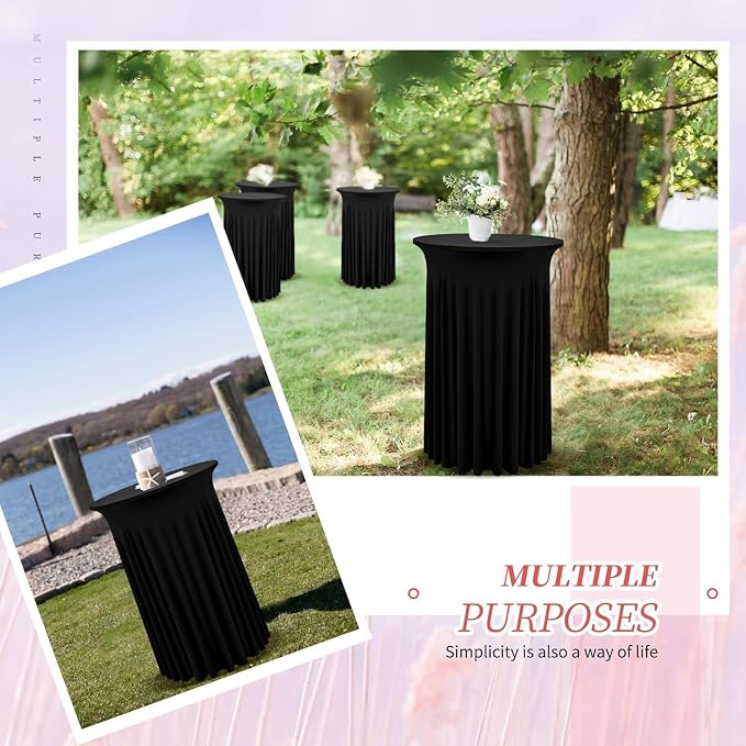 2 Packs Round Cocktail Table Skirt 32"x 43" Spandex Stretch Cocktail Tablecloth with Wavy Drapes, Black Spandex Fitted High Top Table Covers for Wedding Party Birthday Banquet Bar