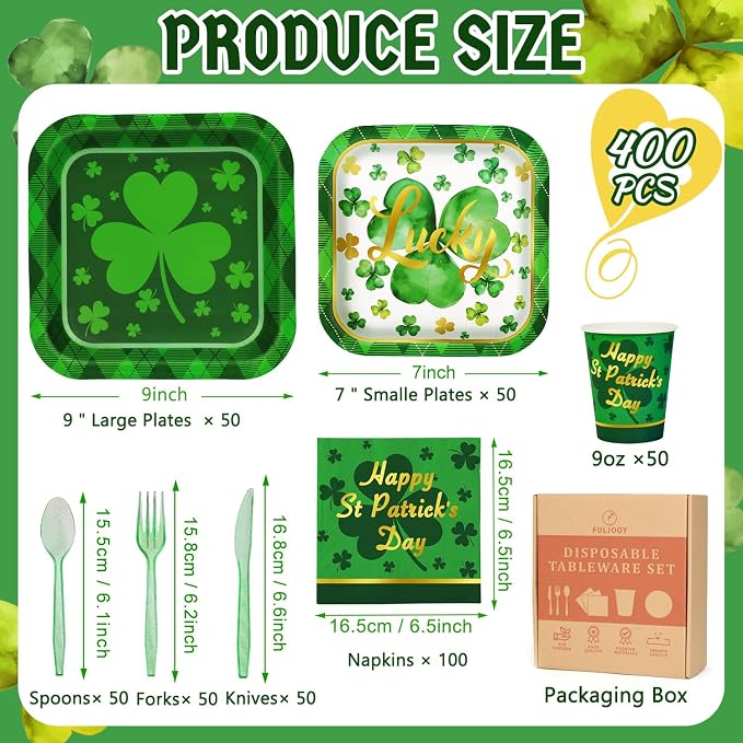 400 Pcs St Patrick Day Shamrock Lucky Clover Plaid Green Tableware Set Paper Plate Napkin Cup Plastic Knife Fork Spoon Waterproof Disposable for 50 Guest Irish Holiday Party Family Decoration