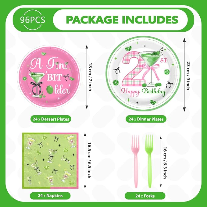 96Pcs Matini 21st Birthday Party Decorations, Serves 24 | A Tini Bit Older Plates and Napkins Pink Green Tableware Set for 21 Years Old Women Girls Birthday Martini Party Supplies