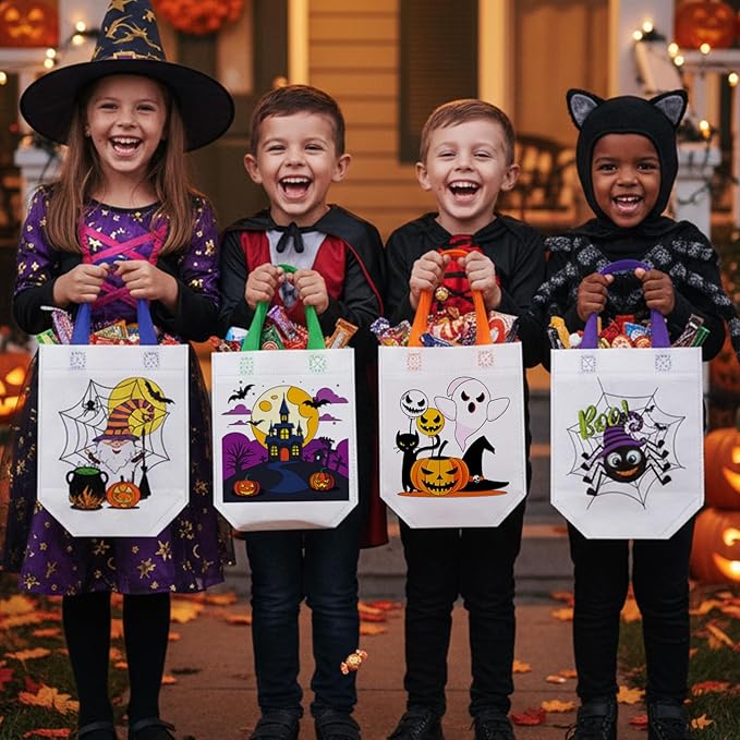 Chunful 24 Pcs Coloring Goodie Gift Bags for Kids Birthday Party Reusable Coloring Tote Bags Cute Cartoon Colorful Party Favor Non Woven with Colorful Pens DIY Crafts (Halloween)