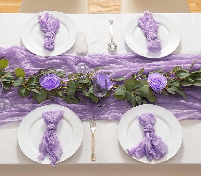 6 Pack Lavender Cheesecloth Table Runner 21x120 Inch Boho Wrinkled Sheer Romantic Gauze Decor for Wedding, Bridal Shower, Birthday Party