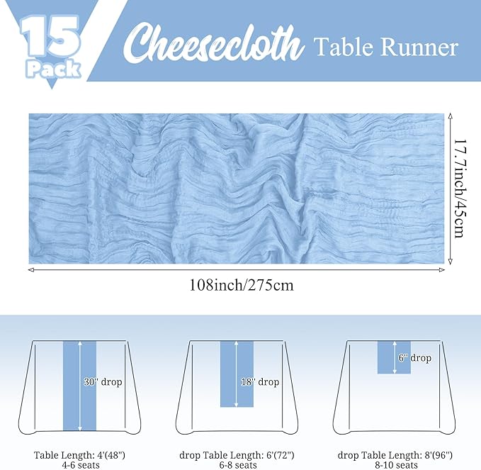 15 Pack Light Blue Table Runner 17 x 108inch Cheesecloth Table Runner Boho Gauze Table Runners Rustic Long Sheer Fabric Cheese Cloth Table Runners for Wedding Party Bridal Shower Farmhouse Home Decor