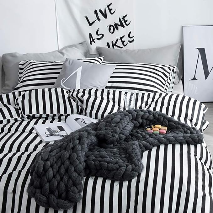 KAREVER White Black Stripes Comforter Set King Women Bedding Set Soft Durable White Striated Bedding Set