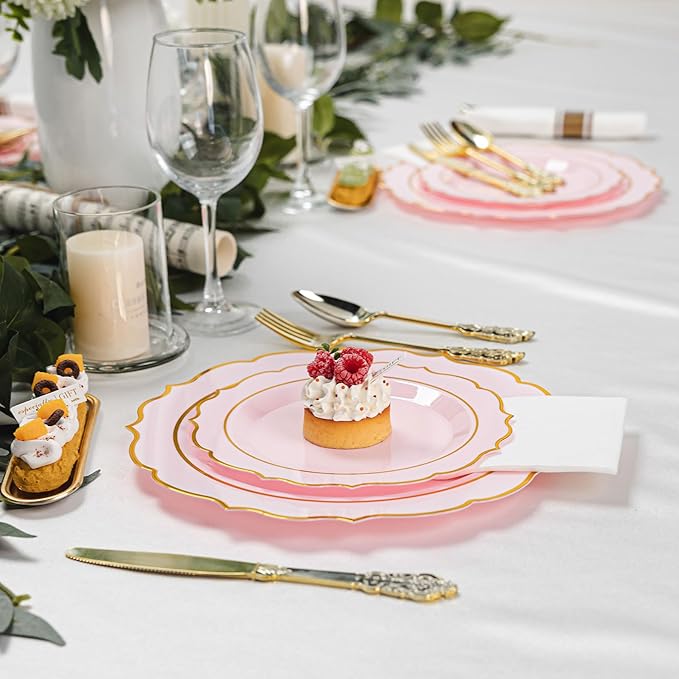 350PCS Pink Plastic Plates, Gold Plastic Dinnerware Sets for 50 Guests, Include 100 Disposable Plates, 50 Cups and 50 Pre Rolled Napkins for Mother's Day, Party and Wedding