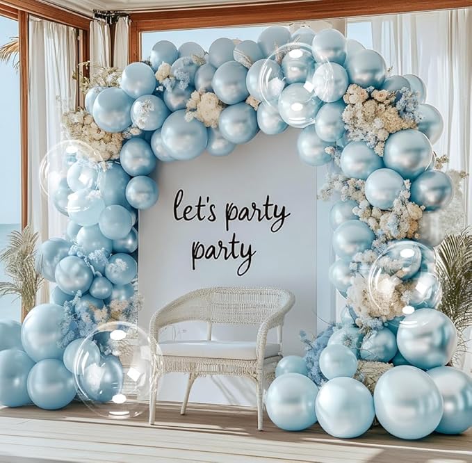 Pearl Blue Balloon Arch Double Stuffed Pastel Light Baby Blue Balloon Garland Kit Different Sizes With Clear Balloons for Birthday Wedding Bridal Baby Shower Anniversary Engagement Party Decor