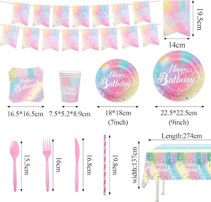 Rainbow Birthday Disposable Dinnerware Sets,Pink Birthday Party Supplies Plates Glitter Diamond Plates,Rose Gold Disposable Tableware Sets Girls Party Plates with Tablecloth Cup Banner Serve 24