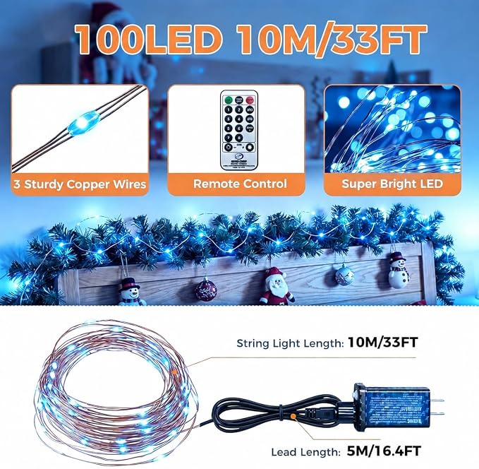 btfarm Fairy Lights Plug in with Remote, 33FT 100 LED Outdoor Twinkle Lights Waterproof with Timer, 8 Modes Indoor String Lights for Bedroom Patio Garden Wedding Christmas Decoration, Blue