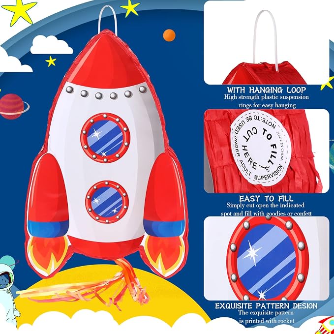 Rocket Pinata Space Pinata with Blindfold and Bat Space Themed Party Supplies for Girls Boys Kids Birthday Party Game Toys Favors Decorations, 16.5 x 10.7 x 3 Inches