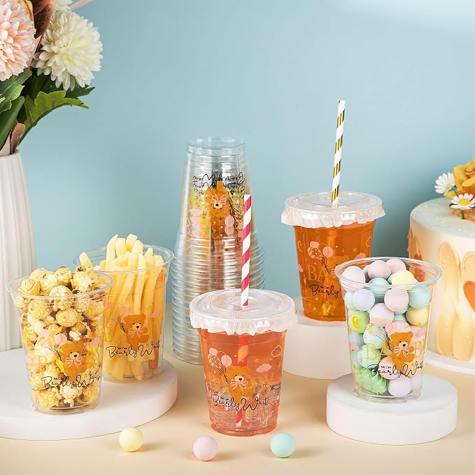 FoldTier 50 Pcs Baby Shower Party Supplies Disposable Plastic Cup 12 Oz Pink Cups Bear Thick Clear Cup Lids Straws Baby Shower Pink Table Decorations Party Favors