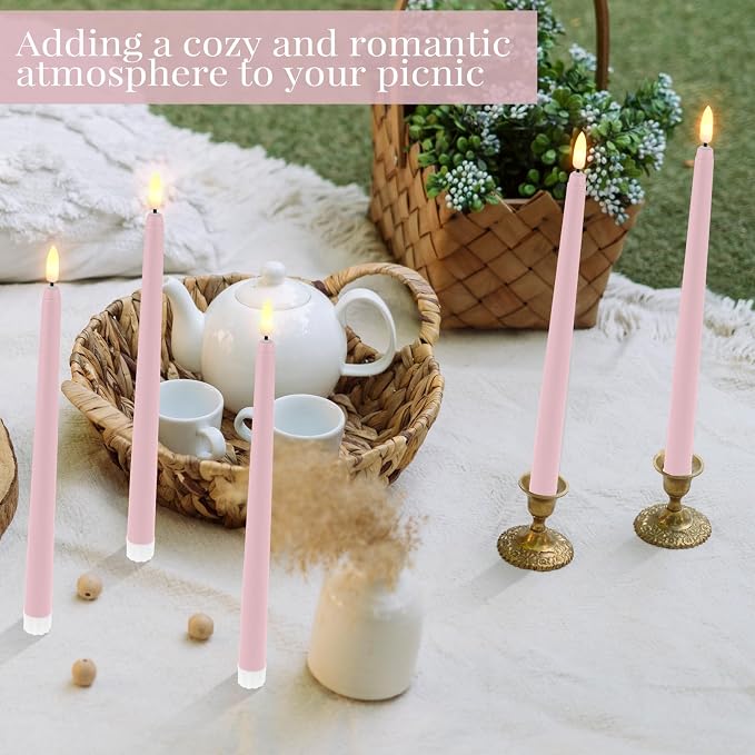 Macarrie 24 Packs Flameless Taper Candles Battery Operated Fake 11 Inch Long Candlelight LED Flameless Candlesticks Flickering Tapered for Summer Fall Wedding(Pink)