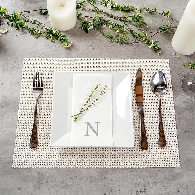 Luxenap 15.8 X 7.9 Inch Linen-Feel Guest Towels, 50 Lettered Hand Towels - Silver Letter 'N', Sans Serif Font, White Paper Dinner Napkins, airlaid, For Restrooms And Tables - Restaurantware