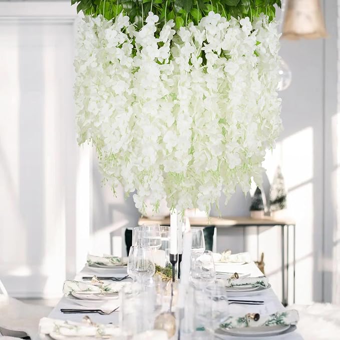 12Pcs Artificial Wisteria Hanging Flowers, 3.6Ft/Pcs White Fake Wisteria Garland for Wedding Party Home Garden Indoor Outdoor Decoration