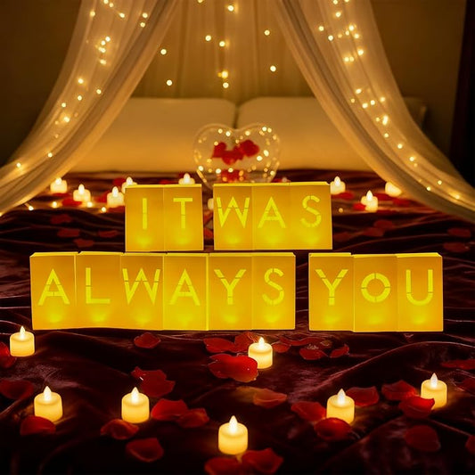 It Was Always You Decorations – Romantic Decoration Kit with Light Up Letters, 30 Tea Light Candles, 2000 Rose Petals, 10 Balloons – Luminary Bags for Anniversary Surprise
