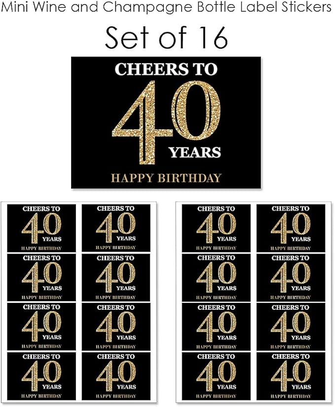Big Dot of Happiness Adult 40th Birthday - Gold - Mini Wine and Champagne Bottle Label Stickers - Birthday Party Favor Gift for Women and Men - Set of 16