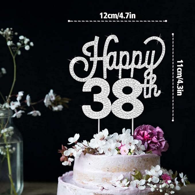 LINGTEER Happy 38th Birthday Silver Rhinestone Cake Topper - Cheers to 38th Birthday 38 Years Old Anniversary Party Cake Centerpieces Topper Decorations Gift Sign.