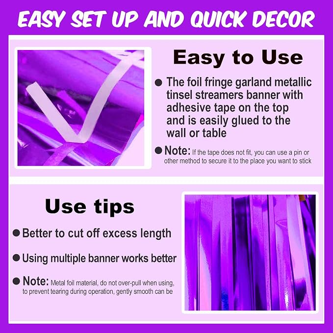4 Pack 10 Ft Purple Foil Fringe Garland Metallic Streamers Tinsel Banner Wall Hanging Garland Backdrop for Parade Floats, Halloween, Christmas, Thanksgiving, New Year Party Decorations