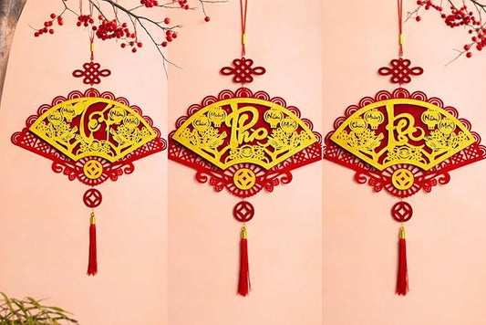 Vietnamese Red Velvet Fans with Gold Calligraphy, 3 Pieces TET Phuc LOC Lunar New Year Wall Decorations/Vietnamese Lunar New Year Decoration/Set Quat Trang Tri TET (3 Pieces)