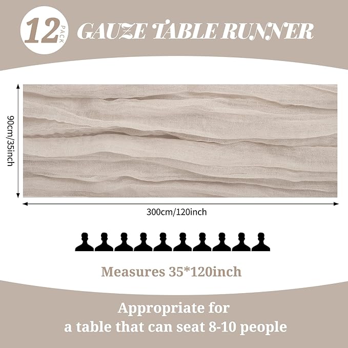 12 Pack 10Ft Rosy Brown Cheesecloth Table Runner 35 x 120 inch Boho Gauze Cheese Cloth Table Runner Vintage Rustic Sheer Runners for Wedding Bridal Shower Birthday Party Cake Table Decorations