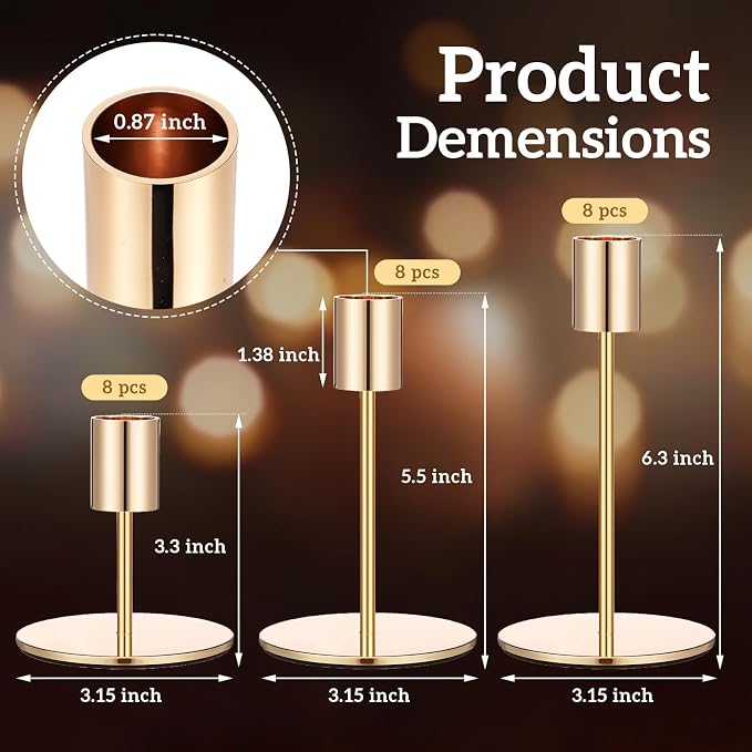 Sieral Candle Holders Bulk Taper Candlesticks Holders Set Modern Decorative Metal Candelabras for Wedding Anniversary Home Dinning Table Centerpiece Xmas Party Decor(Gold,24 Pcs)
