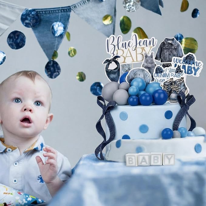 Novabright 32 Pcs Blue Jean Denim Baby Shower Decorations a Little Denim Baby Is on the Way Decorations Cupcake Toppers for Welcome Blue Jean Clothes Pregnancy Gift