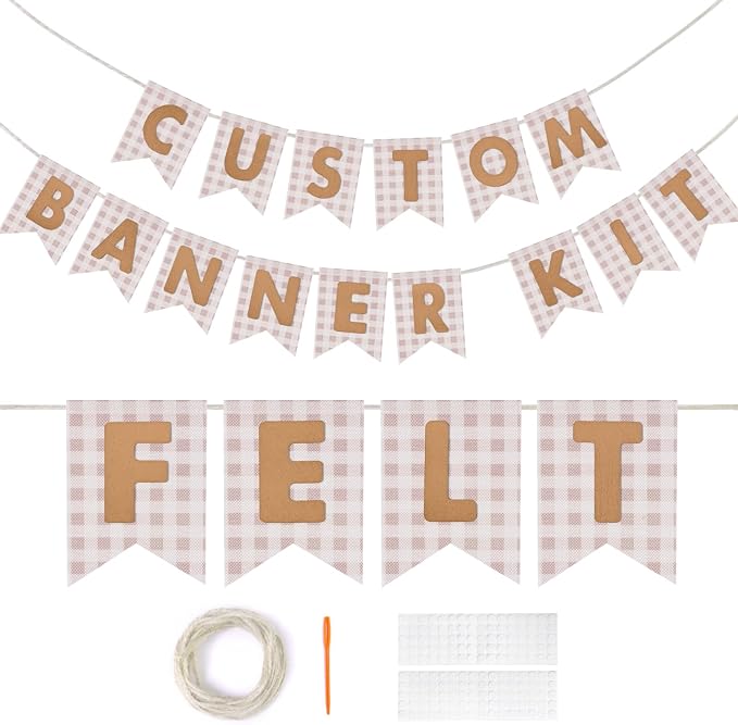 Custom Banner Kit - DIY Burlap Banner with 92 Felt Letters - Personalized for Birthday, Wedding & Party Decorations (beige gingham+beige letter)