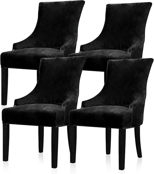 Lellen Velvet Stretch Wingback Chair Cover Slipcover - Reusable Protector Cover for Dining Room Banquet Home Decor etc Machine Washable Hand Washable (Black, 4PC)