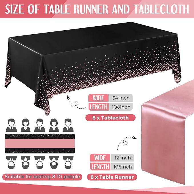 Tudomro 16 Pcs Black and Rose Gold Disposable Plastic Tablecloths and Satin Table Runner Set 54x108 Inch Tablecloth 12x108 Inch Table Runners for New Year Wedding Birthday Baby Shower Graduation