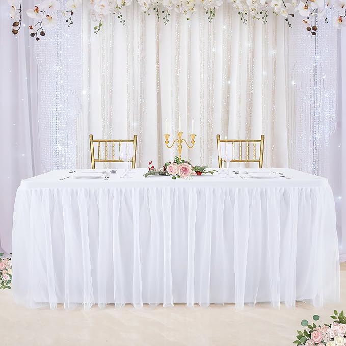 6 Pack White Tulle Tablecloth Table Skirt for 6 Foot Rectangle Tables, Wedding Table Cloths Ruffle Tutu Table Skirt Stretch Fitted Table Covers for Parties Birthdays Baby Shower Celebration Banquet