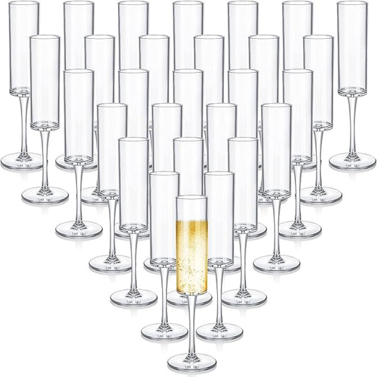 Bokon 30 Pcs 6oz Acrylic Stemmed Champagne Flutes, Unbreakable Clear Plastic Glass Set for Sparkling Wine, Reusable Crystal Tall Champagne Glasses Bulk for Wedding Anniversary Birthday