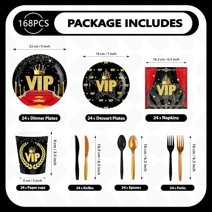 168Pcs Vip Party Decorations Movie Star Red Carpet Plates Napkins Cups Forks Knives Spoons Tableware Set Red Black Cine Film Show Celebrity Activity Graduation Prom Birthday Party Supplies Serves 24