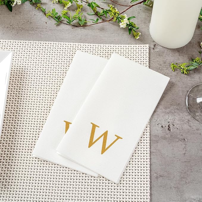 Luxenap 15.8 X 7.9 Inch Linen-Feel Guest Towels, 50 Lettered Hand Towels - Gold Letter 'W', Sans Serif Font, White Paper Dinner Napkins, airlaid, For Restrooms And Tables