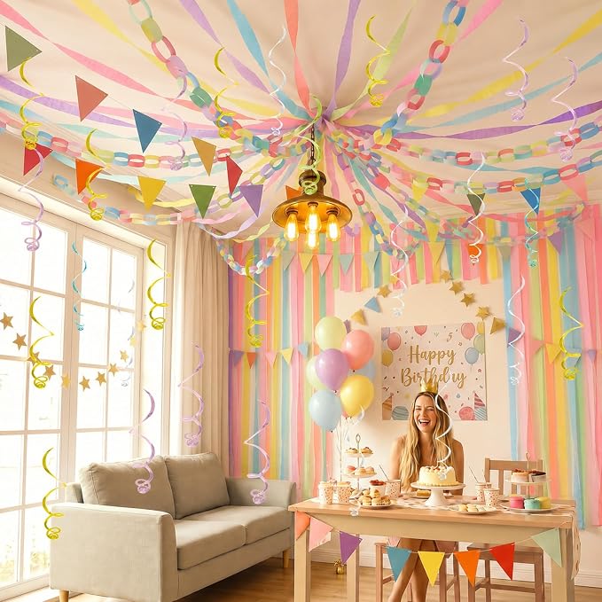 345pcs Pastel Birthday Decoration Fancy Paper Chains Crepe Paper Streamers Pennant Banner Flags Gold Star Garlands Hanging Swirls Pastel Balloons for Wedding Graduation Birthday Baby Shower Decors
