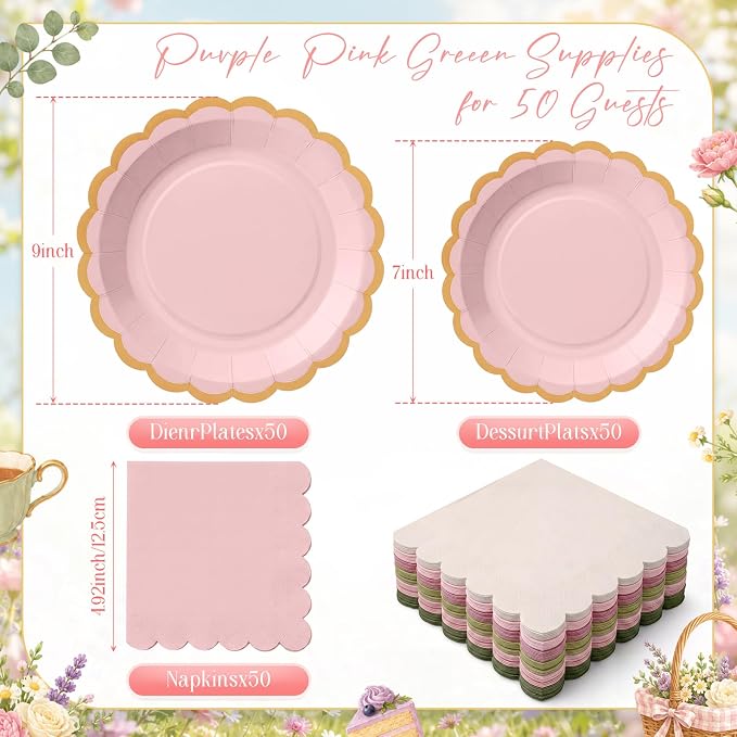 Zhehao 150 Pcs Matcha Plates and Napkins Tableware Serves 50 Includes 9 Inch 7 Inch Dusty Pink and Green Scalloped Wave Edges Paper Plate and Napkins for Wedding Birthday Baby Shower Party