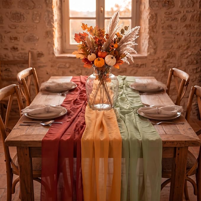 Boao 6 Pcs Fall Table Runner Burnt Orange Color Decorative Party Decorations Table Runner Cloth 10ft Boho Sheer Rustic Fabric for Wedding Birthday Party Baby Bridal Shower Graduation Dawn Decor