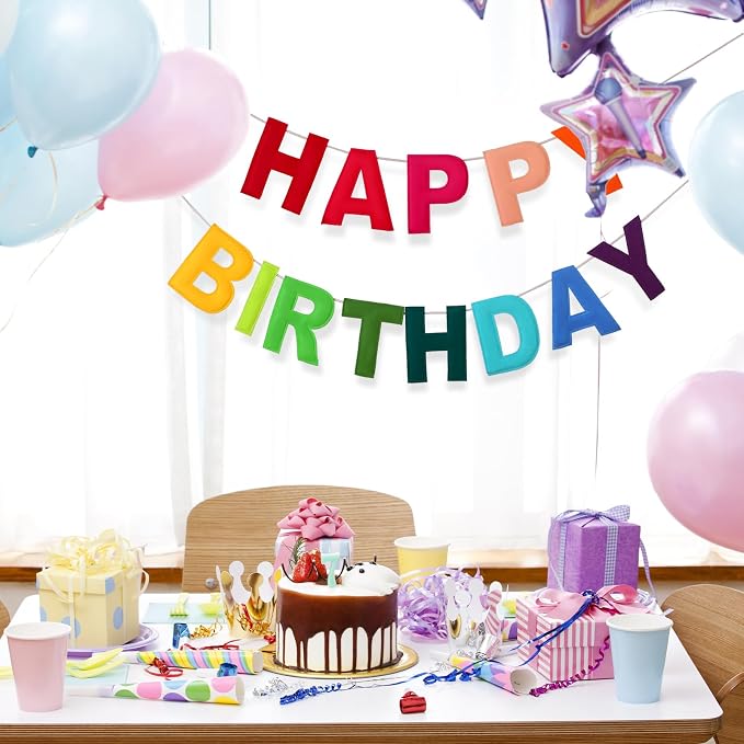 Mindsoft Felt Happy Birthday Garland Rainbow Banner Reusable Happy Birthday Sign Party Supply for Party Decor(Rainbow Color,Normal)