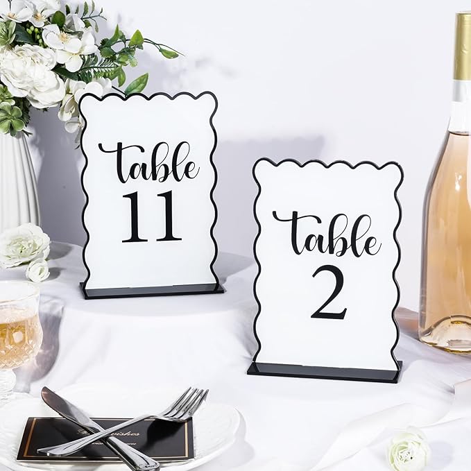 Black and White Wave Acrylic Table Number 1-20 with 20Pcs Stands, 5"x7" Table Centerpiece Decor for Indoor Outdoor Birthday Baby Shower Wedding Bridal Shower Anniversary Party Reception