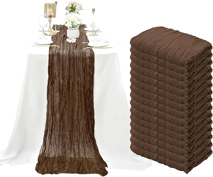 15 Pack Cheesecloth Table Runner 6FT Gauze Cheese Cloth Table Runner 35 x 72 Inch Boho Table Runners Romantic Table Cover for Wedding Birthday Party Engagement Bridal Baby Shower Holiday Décor(Brown)