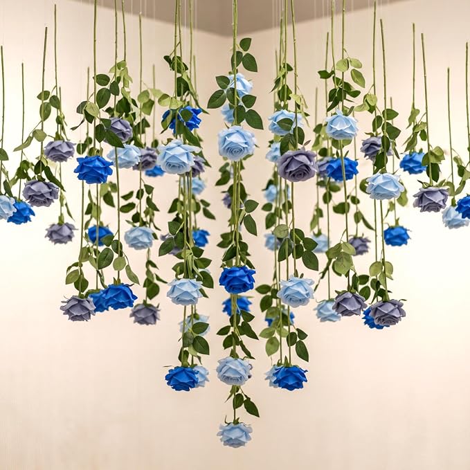 Lyrow 60 Pack Dusty Blue Artificial Flower Hanging Ornaments Floral Floating Garland Decorations Something Blue Wedding Coastal Minimalist Boho Bridal Shower Ceiling Garland Birthday Party Table Decor