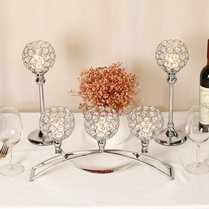 Silver Crystal Candle Holders, Decorative Arch Candelabra Centerpieces for Tables, 3-Arm Candlesticks Holder and 2 Glass Holders, Silver Table Decor for Wedding, Party, Anniversary