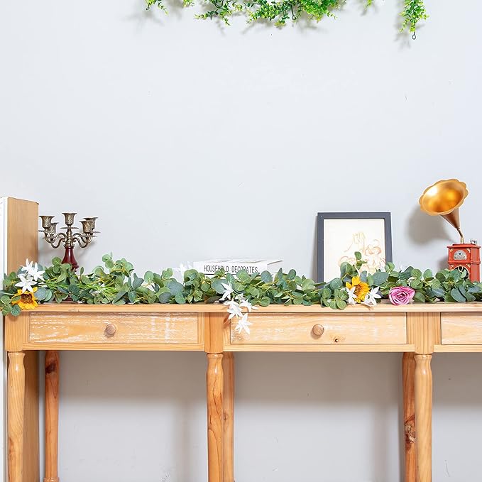 Naidiler Eucalyptus Garland with Flowers, Spring Decor for Mantle, Wedding Arch & Fireplace