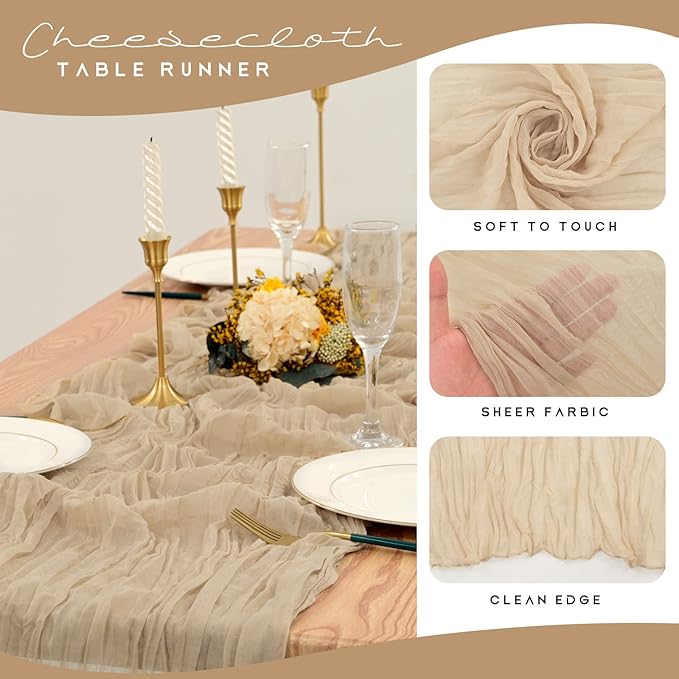 12 Pack Cheesecloth Table Runner 35 x 120 inch Long Boho Cheese Cloth Gauze Table Runners Semi Sheer Table Runner for Wedding Decor, Bridal Shower, Birthday Party (Beige)