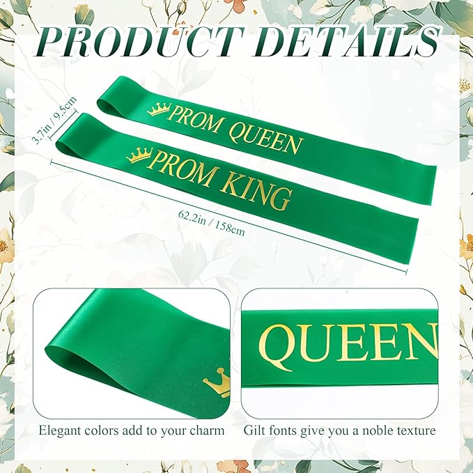 Ferreve 4 Pcs Prom King and Queen Crowns and Sashes Set Graduation Prom King and Queen Tiara Sash for 80's Prom Party Favors(Green)