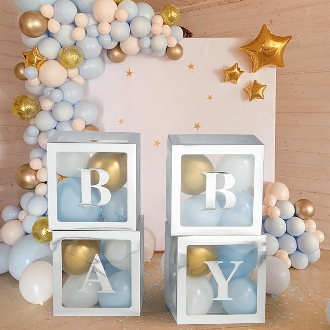 Baby Boxes with Letters for Baby Shower, Baby Shower Decorations with 4 Balloon Boxes for Gender Reveal Baby Shower Decorations(Silver)
