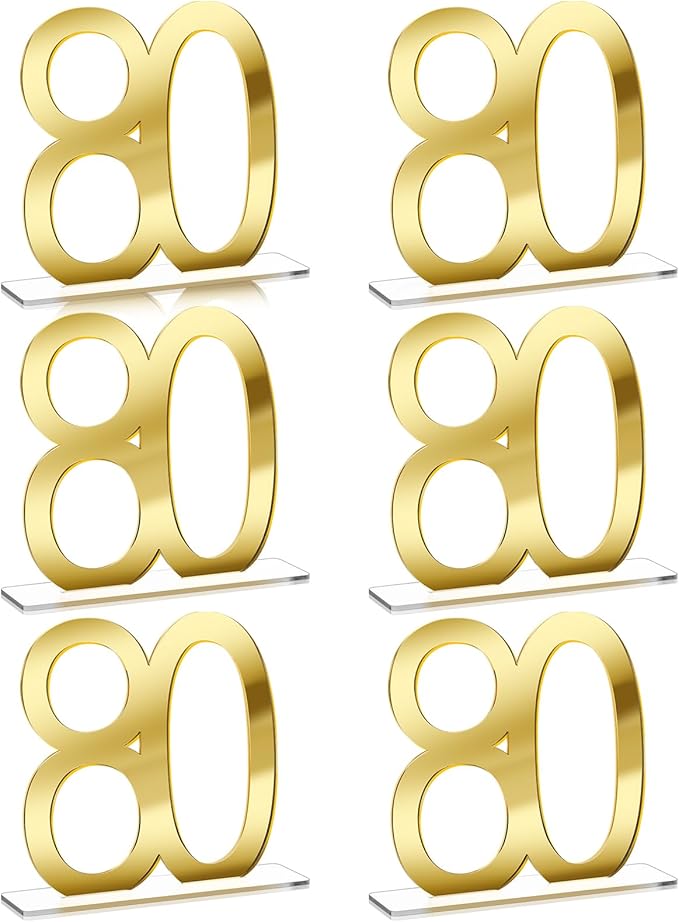Threehoney 6 Pcs Mirror Gold 80th Birthday Decorations for Men and Women Acrylic Anniversary Decorations Table Numbers Centerpieces for Birthday Party
