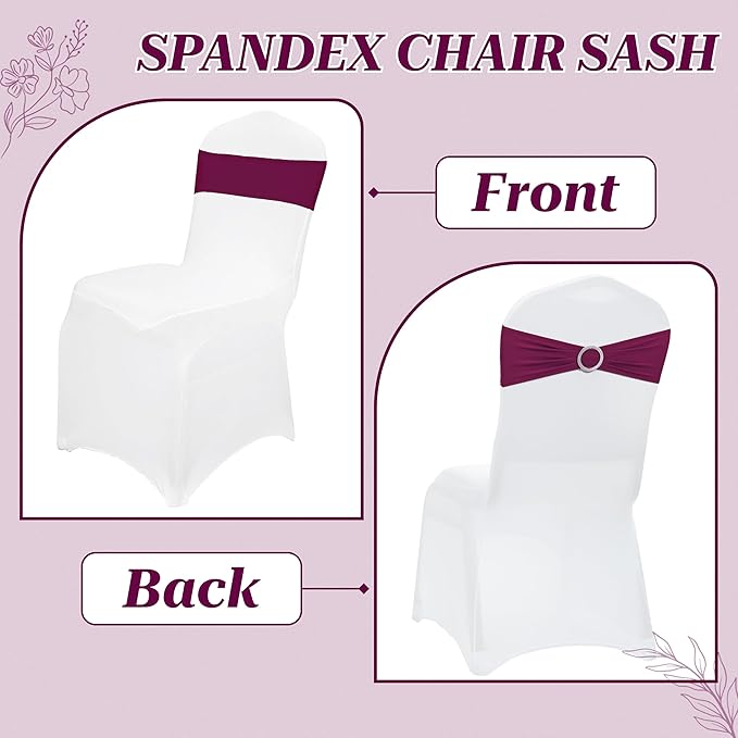 VDS - Eggplant | Spandex Chair Sashes Bows | 250 PCS | Stretch Elastic Banquet Universal Folding Chair Band Tie with Silver Buckle Slider for Wedding Party Conference Celebration Event Decoration