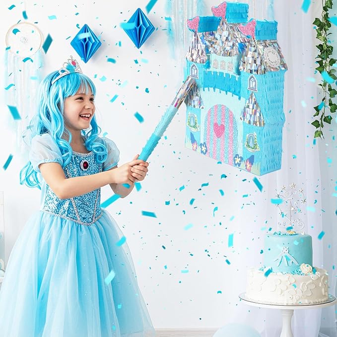WERNNSAI Princess Castle Piñata - Ice Castle Piñata Blue Princess Party Decorations for Girls Birthday Party Game Magical World Birthday Party Decoration Supply Winter Fairy Party Game