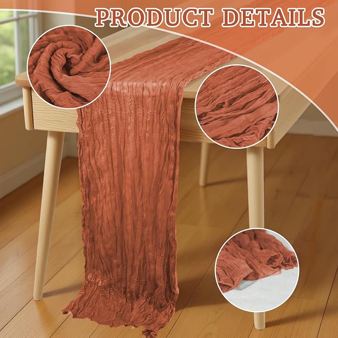16 Pack Cheesecloth Table Runners 20" x 120", Boho Gauze Table Decor for Wedding, Bridal Shower, Birthday Party, Long Romantic Runner(Terracotta)